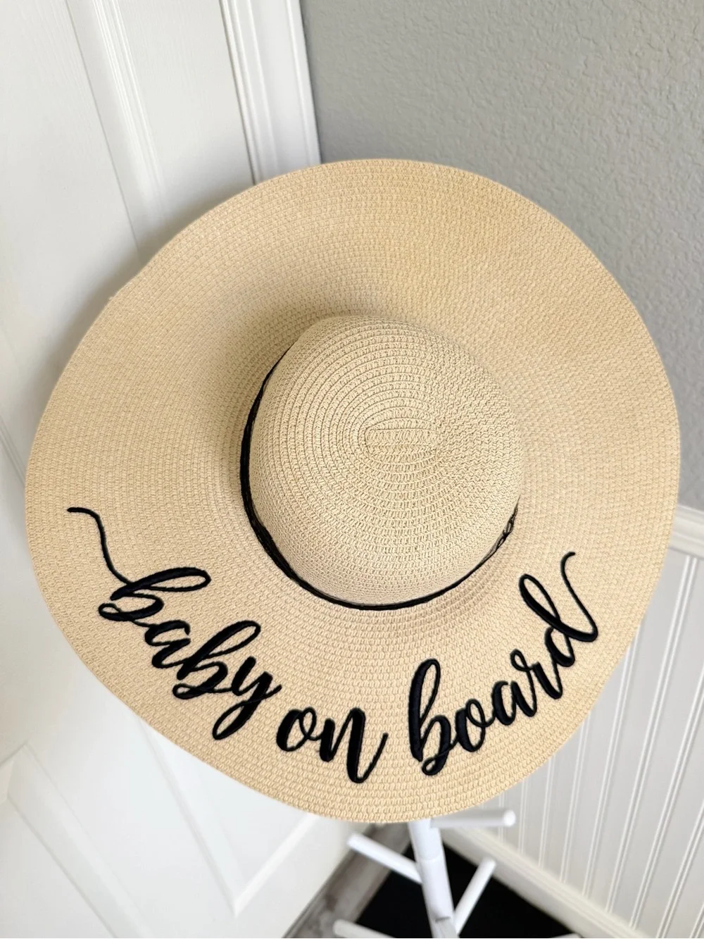 Chic Soul Embroidered “Baby on Board” Wide Brim Floppy Straw Hat | Adjustable